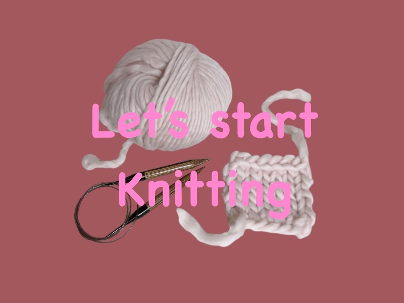 ピンクの毛糸　編み地　輪ばり　赤い背景　ブログタイトル